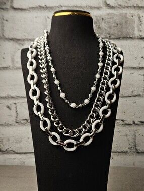 Lia Sophia Layered Chain Statement Necklace Silver Tone White Link Jewelry